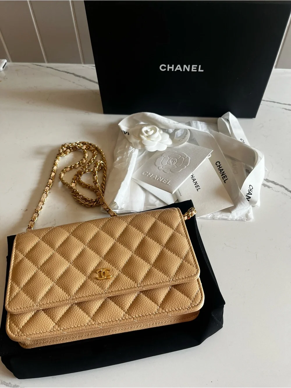 CHANEL Beige Quilted Caviar Leather Crossbody Wallet with Gold CC